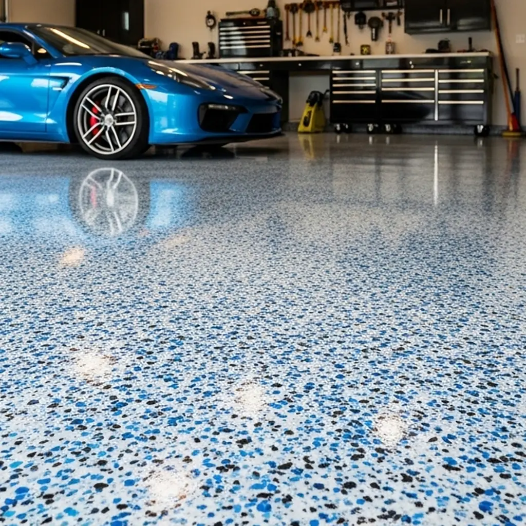 Epoxy Coating with "Orbit" Flakes on Garage floor with Blue Car by Houston Floor Coatings