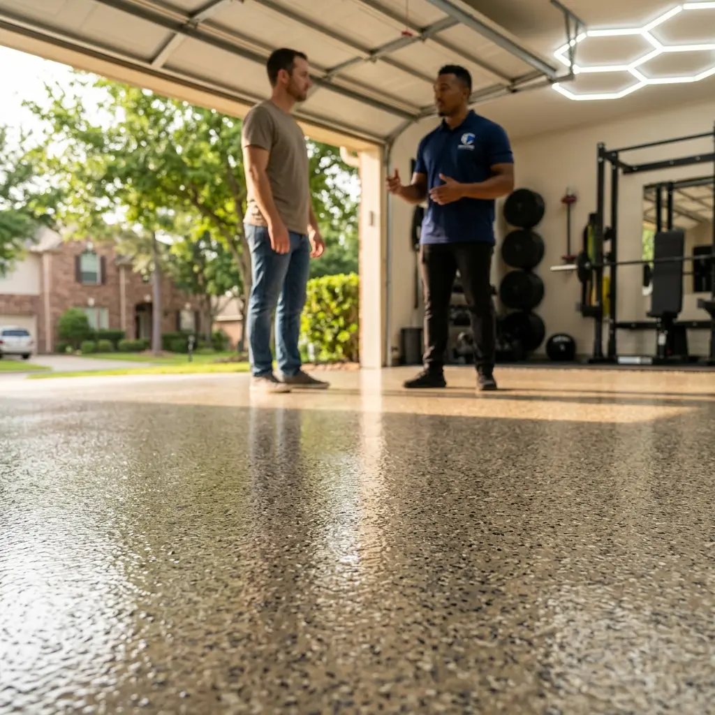 HFC owner walking a completed Houston garage floor with a customer in Houston, TX
