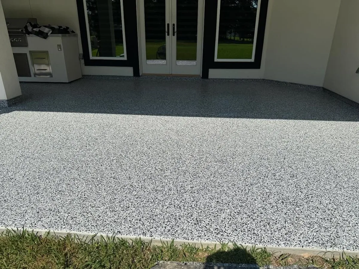 UV-stable polyaspartic pool deck coating in a Houston home