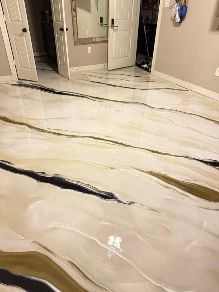 White marbled metallic floor with black veins in a hallway