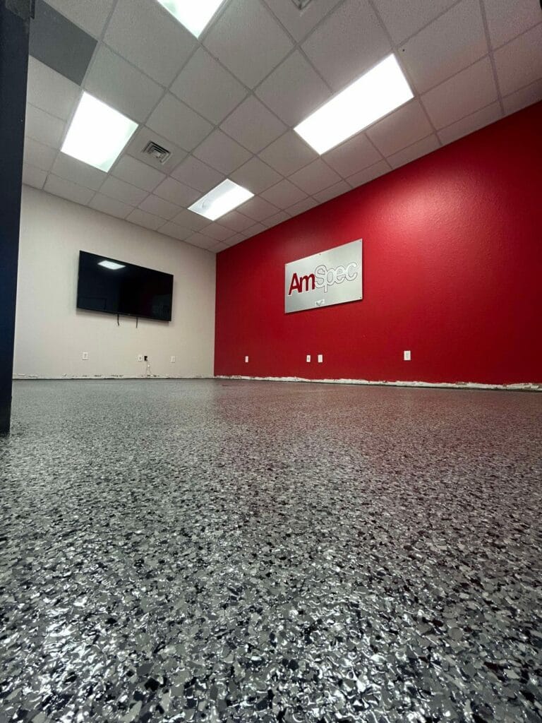 Glossy speckled flake floor in a commercial showroom